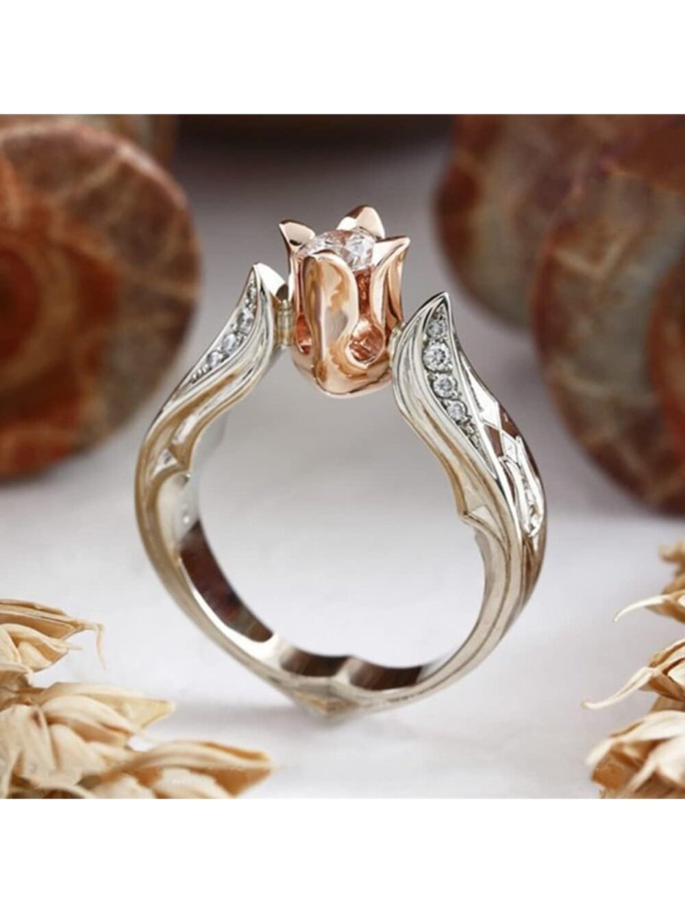 Rose Gold & Silver Two-Tone Flower Ring with Shiny Cubic Zirconia for Women